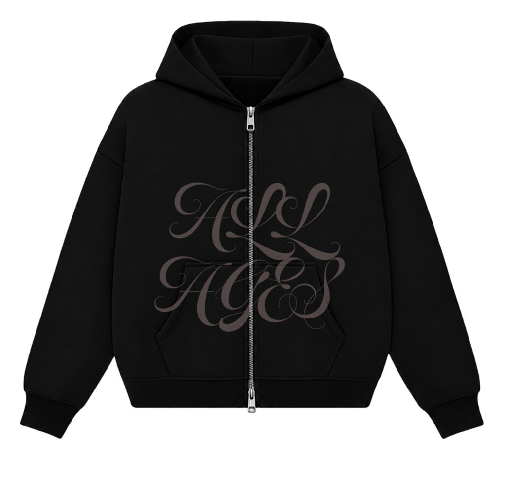 LOOSE FIT SCUBA ZIP-THROUGH BLACK HOODIE